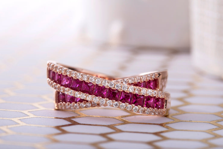 Simulated Ruby and Cubic Zirconia X Bypass Ring in Rose Gold or Rhodium Plated Sterling Silver