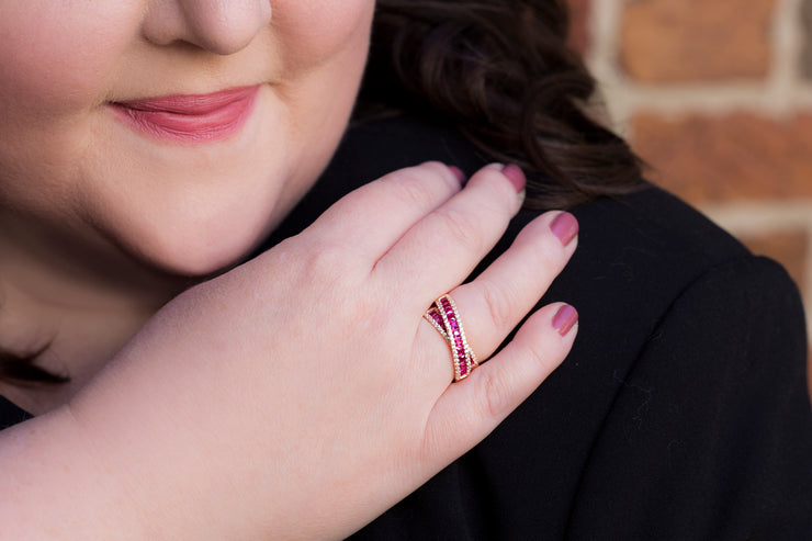 Simulated Ruby and Cubic Zirconia X Bypass Ring in Rose Gold or Rhodium Plated Sterling Silver