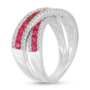 Simulated Ruby and Cubic Zirconia X Bypass Ring in Rose Gold or Rhodium Plated Sterling Silver