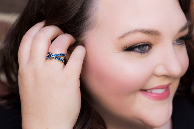 Square Shaped Simulated Blue Sapphire and Cubic Zirconia X Bypass Ring in Rhodium Plated Silver