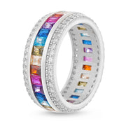 Rainbow Cubic Zirconia Eternity Band Ring in Rhodium Plated Sterling Silver