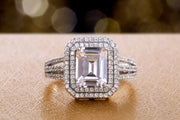 Emerald Cut Cubic Zirconia  Engagement Halo Ring in Rhodium Plated Silver