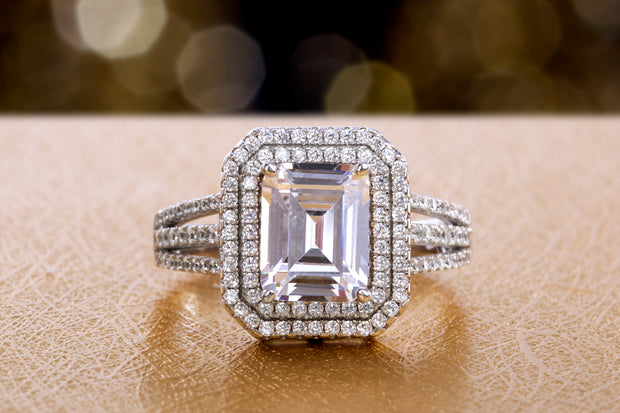 Emerald Cut Cubic Zirconia  Engagement Halo Ring in Rhodium Plated Silver