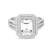 Emerald Cut Prong Set Cubic Zirconia Bridal Engagement Halo Ring for Women in Rhodium Plated 925 Sterling Silver