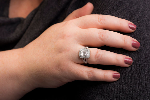 Emerald Cut Cubic Zirconia  Engagement Halo Ring in Rhodium Plated Silver