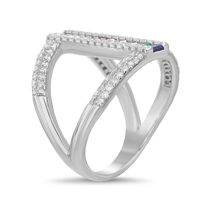 Rainbow Cubic Zirconia Open Ring in Rhodium Plated Sterling Silver