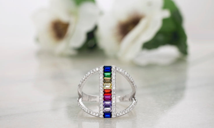 Rainbow Cubic Zirconia Open Ring in Rhodium Plated Sterling Silver