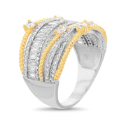 Baguette and Round Cubic Zirconia Ring in Rhodium and Yellow Gold Plated Sterling Silver