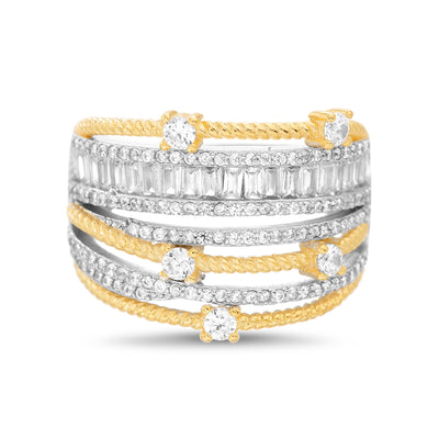 Baguette and Round Cubic Zirconia Ring in Rhodium and Yellow Gold Plated Sterling Silver