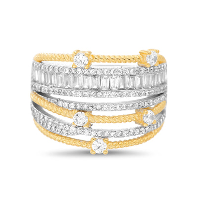 Baguette and Round Cubic Zirconia Ring in Rhodium and Yellow Gold Plated Sterling Silver