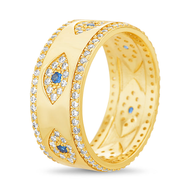 CZ Evil Eye Wide Band Ring in Yellow Gold Plated Sterling Silver