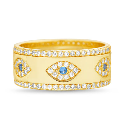 CZ Evil Eye Wide Band Ring in Yellow Gold Plated Sterling Silver
