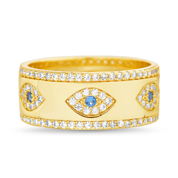 CZ Evil Eye Wide Band Ring in Yellow Gold Plated Sterling Silver