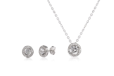 Round Prong Set Cubic Zirconia Stud Earring and Halo Pendant Bridal Necklace Set for Women in Rhodium Plated 925 Sterling Silver