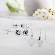 Cubic Zirconia Stud, Love Knot and Hammered Heart Trio Earring Set in Rhodium Plated Sterling Silver
