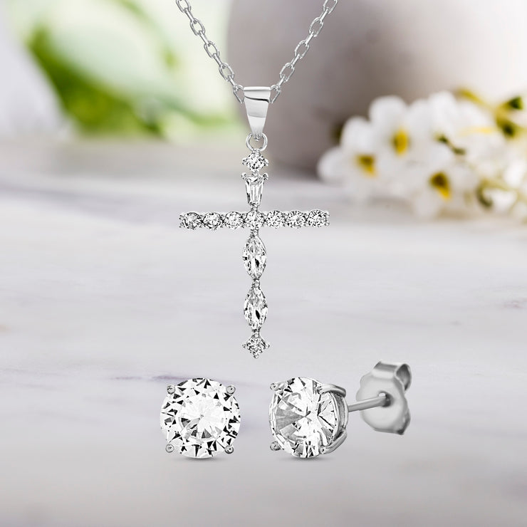 Cubic Zirconia Cross Pendant Necklace and Stud Earrings Set in Rhodium Plated Sterling Silver