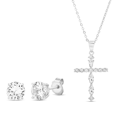 Cubic Zirconia Cross Pendant Necklace and Stud Earrings Set in Rhodium Plated Sterling Silver