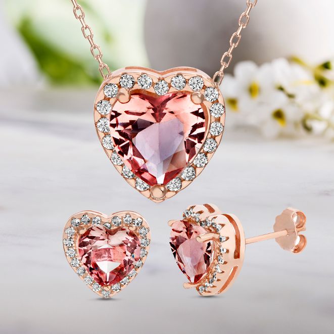 Simulated Morganite Heart Post Earrings and Necklace Set in Rose Gold Plated Sterling Silver