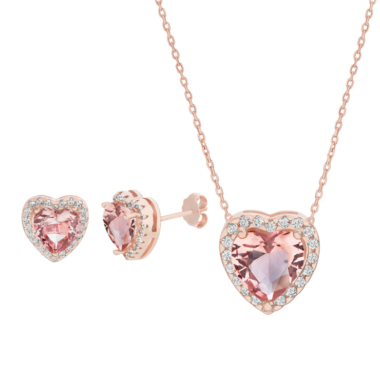 Simulated Morganite Heart Post Earrings and Necklace Set in Rose Gold Plated Sterling Silver