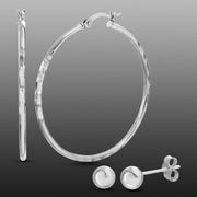 Sterling Silver 40mm Textured Hoop and 6MM Ball Stud Earring Set
