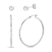 Sterling Silver 40mm Textured Hoop and 6MM Ball Stud Earring Set