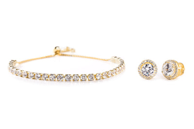 Round Prong Set Cubic Zirconia Adjustable Bridal Tennis Bracelet and Stud Bridal Earring Set for Women in Yellow Gold Plated 925 Sterling Silver