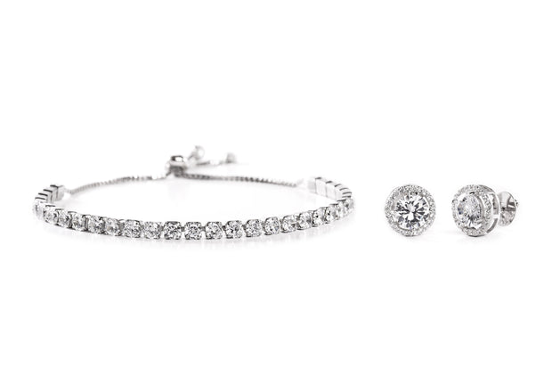 Cubic Zirconia Tennis Bracelet and Stud Earring Set in Yellow Gold, Rose Gold or Rhodium Over Silver