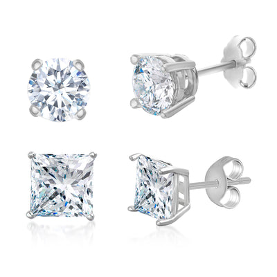 Round & Princess Cut Cubic Zirconia Stud Earrings in Rhodium Plated Sterling Silver
