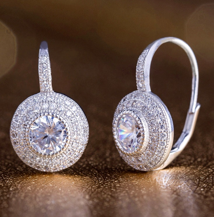 Cubic Zirconia Round Pave Leverback Halo Drop Earrings in Sterling Silver